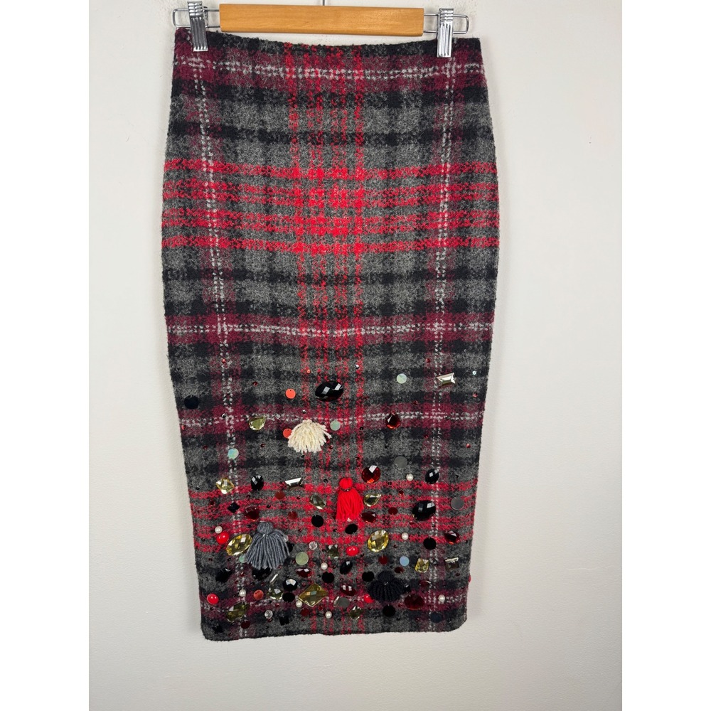 Stella Jean Plaid Beaded Tassel Pencil Midi Skirt Made‎ in Italy Women's Size 40